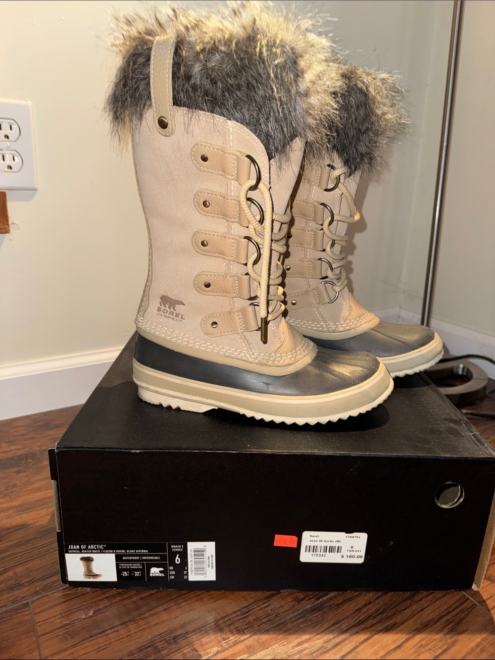 Sorel Winter Lace-Up Boots in Oatmeal, Winter White Faux Fur Cuff